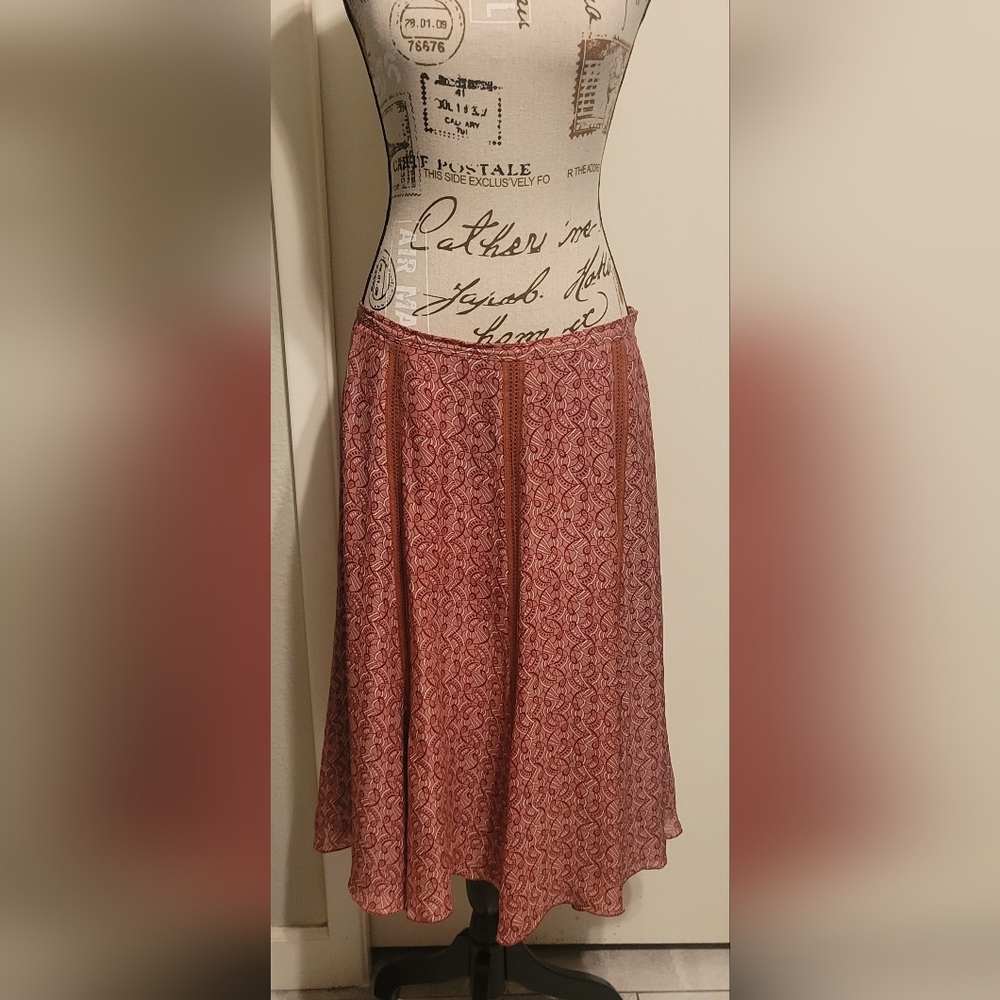 Isabella Bird‎ Cottagecore Boho Dark Red Cream 100% Silk Skirt Fit & Flare Sz 12